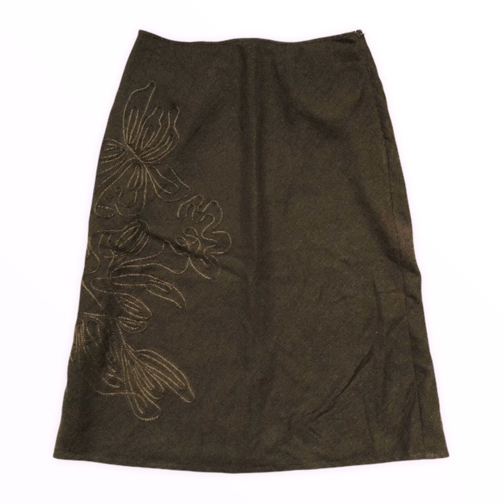 Vintage Richard Malcom Dark Green Embellished Linen A-Line Midi Skirt Size 4